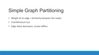 Simple Graph Partitioning
• Weight of an edge = Similarity between the nodes
• Find Minimum Cut
• Edge Value decreases, cluster differs
 