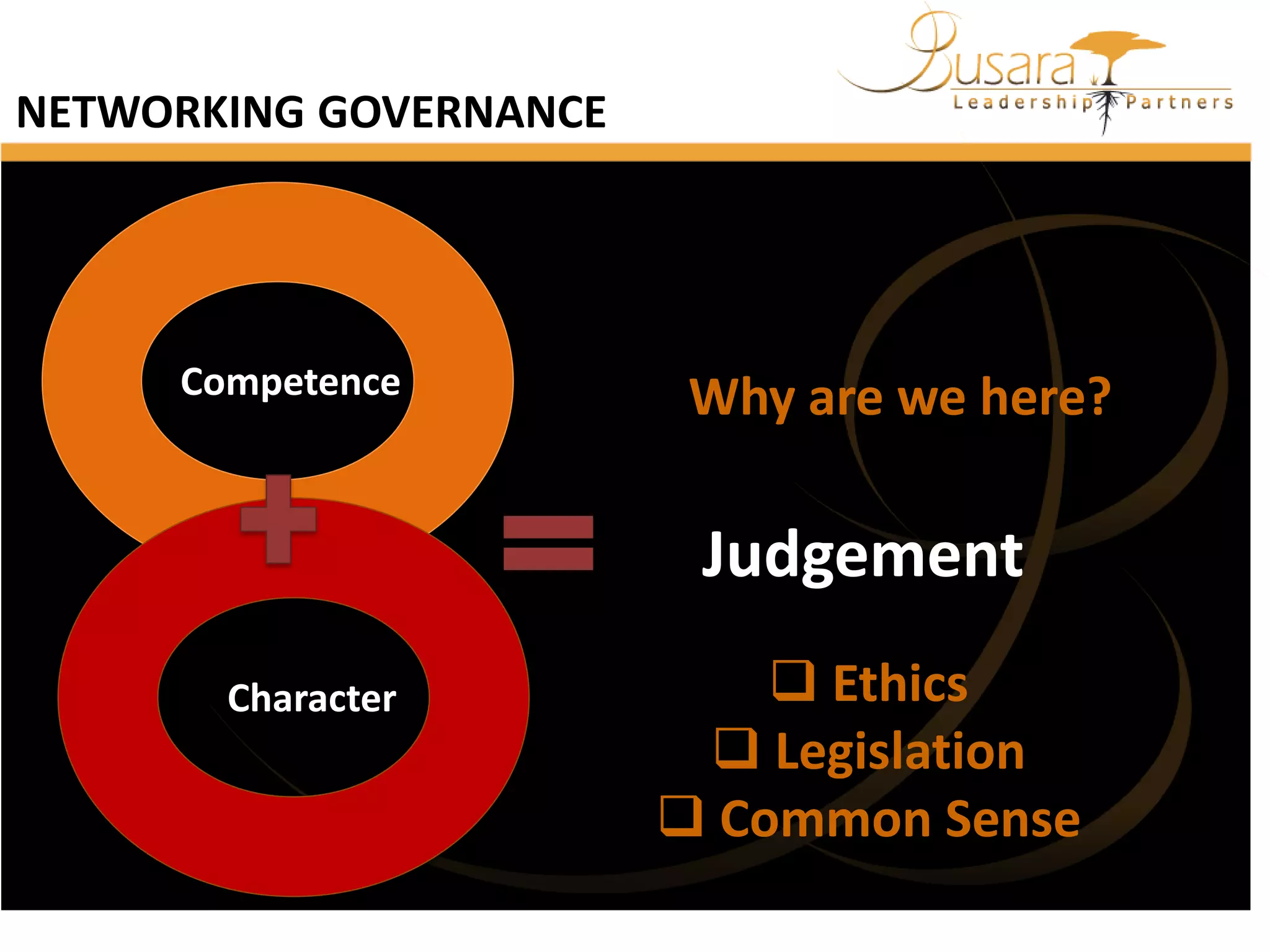 NETWORKING GOVERNANCE

Competence

Why are we here?

Judgement
Character

 Ethics
 Legislation
 Common Sense

 