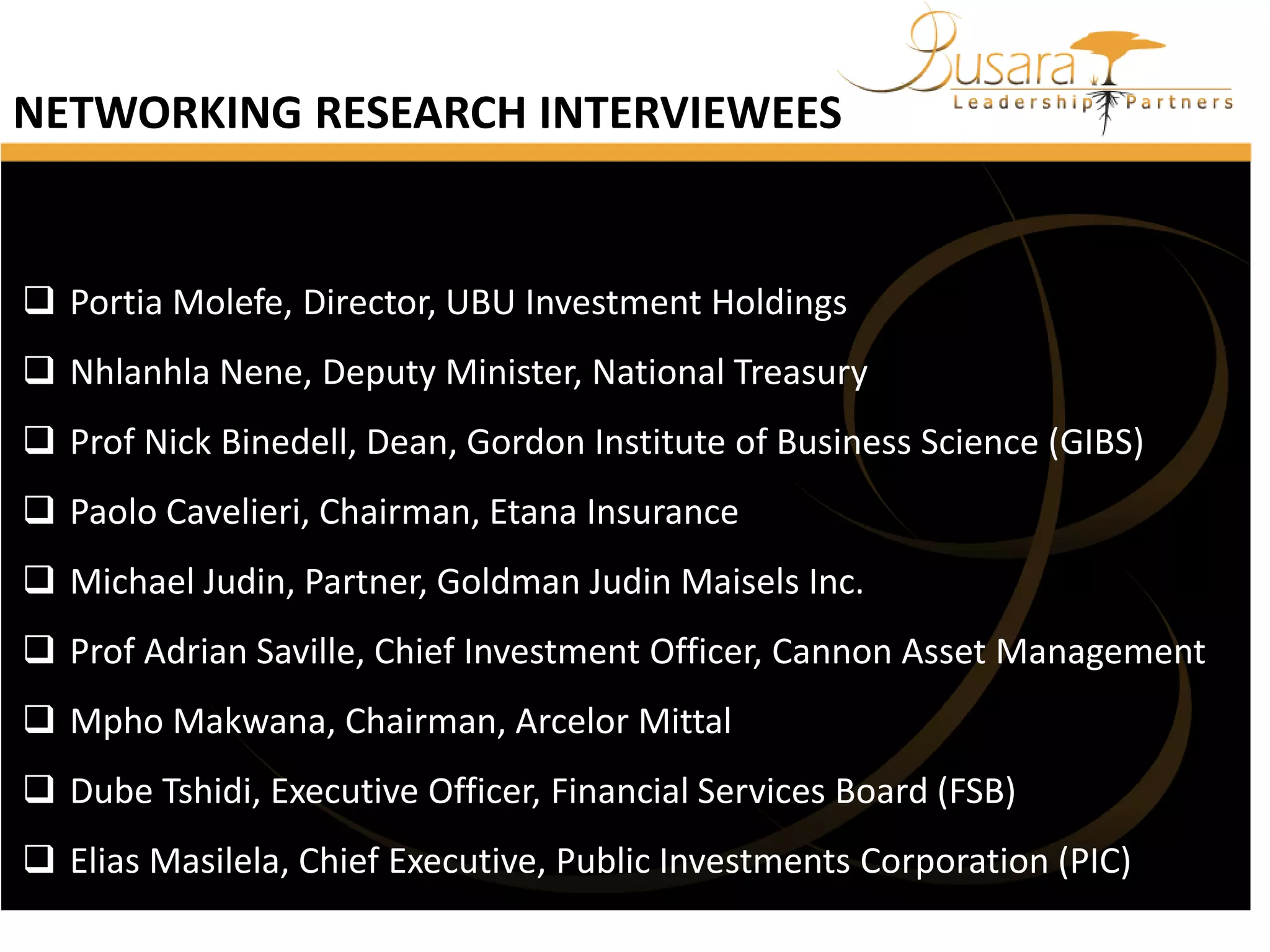 NETWORKING RESEARCH INTERVIEWEES

 Portia Molefe, Director, UBU Investment Holdings

 Nhlanhla Nene, Deputy Minister, National Treasury
 Prof Nick Binedell, Dean, Gordon Institute of Business Science (GIBS)
 Paolo Cavelieri, Chairman, Etana Insurance

 Michael Judin, Partner, Goldman Judin Maisels Inc.
 Prof Adrian Saville, Chief Investment Officer, Cannon Asset Management
 Mpho Makwana, Chairman, Arcelor Mittal

 Dube Tshidi, Executive Officer, Financial Services Board (FSB)
 Elias Masilela, Chief Executive, Public Investments Corporation (PIC)

 