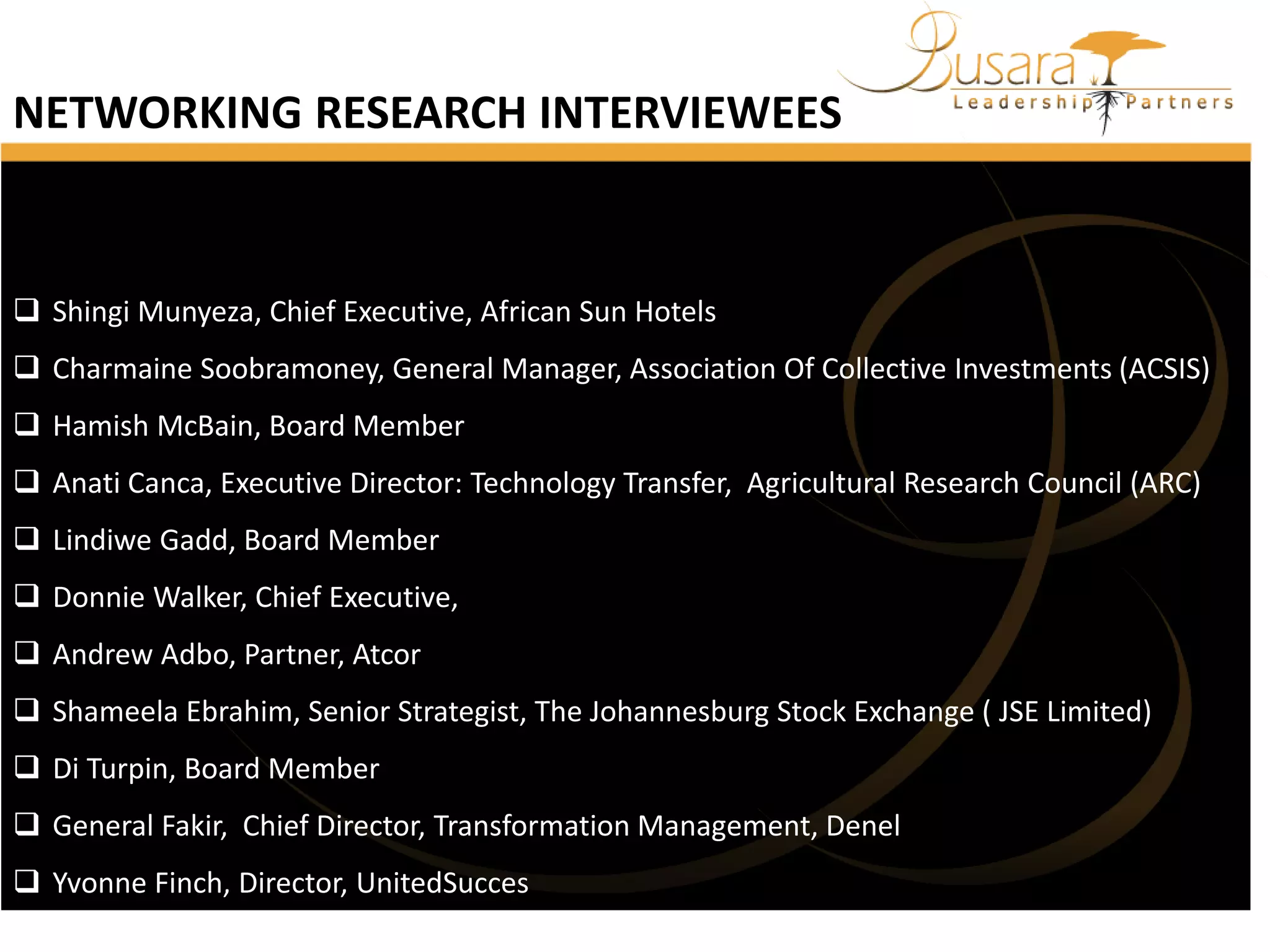 NETWORKING RESEARCH INTERVIEWEES

 Shingi Munyeza, Chief Executive, African Sun Hotels
 Charmaine Soobramoney, General Manager, Association Of Collective Investments (ACSIS)

 Hamish McBain, Board Member
 Anati Canca, Executive Director: Technology Transfer, Agricultural Research Council (ARC)
 Lindiwe Gadd, Board Member
 Donnie Walker, Chief Executive,
 Andrew Adbo, Partner, Atcor
 Shameela Ebrahim, Senior Strategist, The Johannesburg Stock Exchange ( JSE Limited)
 Di Turpin, Board Member
 General Fakir, Chief Director, Transformation Management, Denel
 Yvonne Finch, Director, UnitedSucces

 