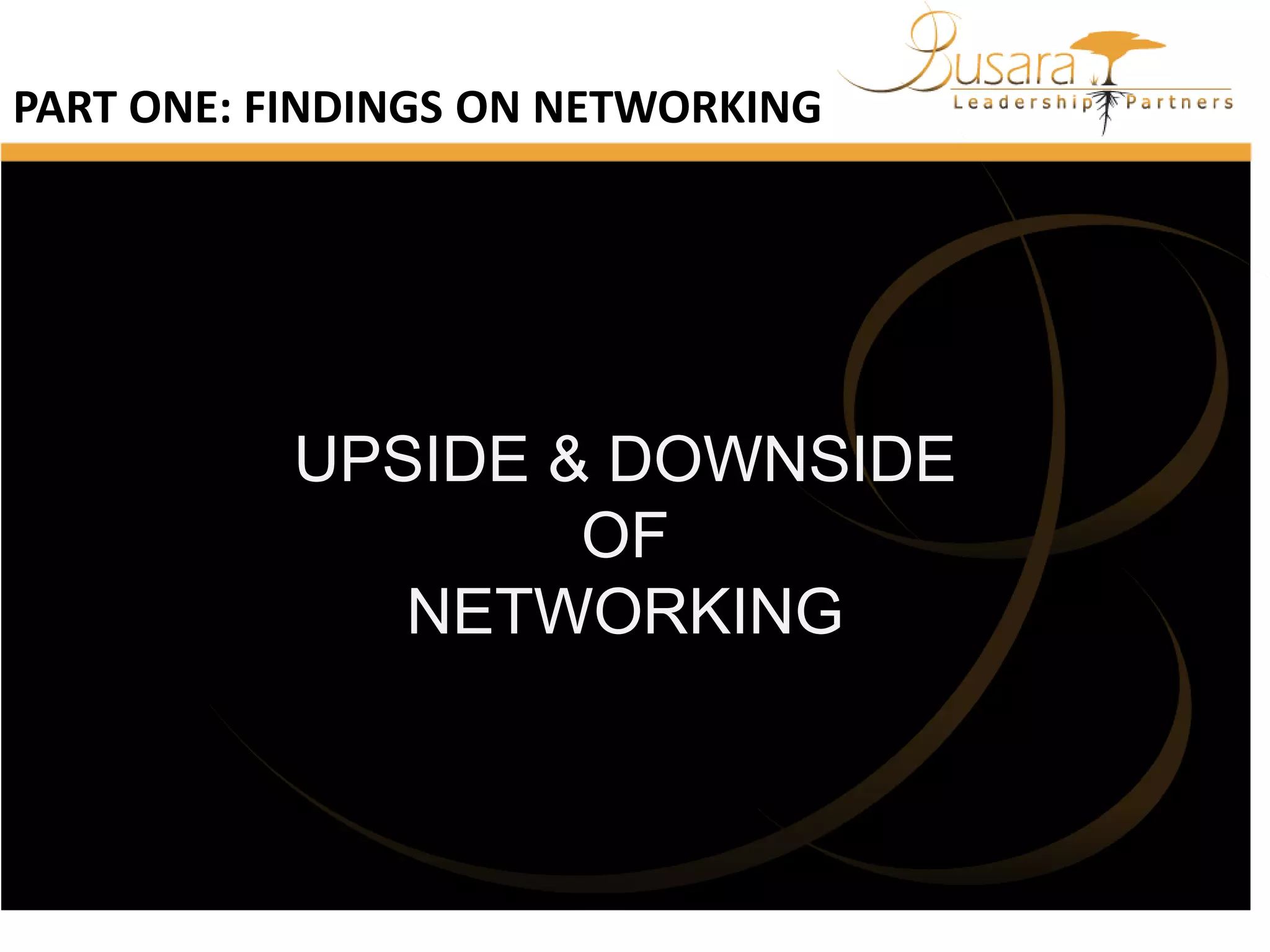 PART ONE: FINDINGS ON NETWORKING

UPSIDE & DOWNSIDE
OF
NETWORKING

 