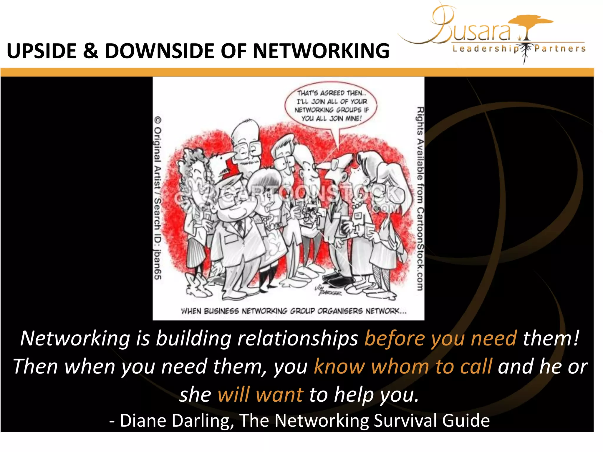 UPSIDE & DOWNSIDE OF NETWORKING

Networking is building relationships before you need them!
Then when you need them, you know whom to call and he or
she will want to help you.
- Diane Darling, The Networking Survival Guide

 