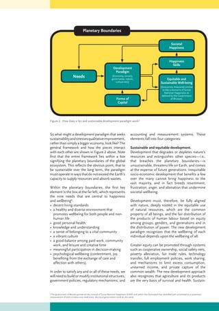 So what might a development paradigm that seeks
sustainabilityandstressesqualitativeimprovement,
rather than simply a bigger economy, look like? The
general framework and how the pieces interact
with each other are shown in Figure 2 above. Note
first that the entire framework lies within a box
signifying the planetary boundaries of the global
ecosystem. This reflects the obvious point, that to
be sustainable over the long term, the paradigm
must operate in ways that do not exceed the Earth’s
capacity to supply resources and absorb wastes.
Within the planetary boundaries, the first key
element is the box at the far left, which represents
the nine needs that are central to happiness
and wellbeing6
:
•	 decent living standards
•	 a healthy and diverse environment that
promotes wellbeing for both people and non-
human life
•	 good personal health
•	 knowledge and understanding
•	 a sense of belonging to a vital community
•	 a vibrant culture
•	 a good balance among paid work, community
work, and leisure and creative time
•	 meaningful participation in decision-making
•	 psychological wellbeing (contentment, joy,
benefiting from the exchange of care and
affection with others).
In order to satisfy any and or all of these needs, we
willneedtobuildormodifyinstitutionalstructures,
government policies, regulatory mechanisms, and
accounting and measurement systems. These
elements fall into four categories:
Sustainable and equitable development.
Development that degrades or depletes nature’s
resources and extinguishes other species—i.e.,
that breaches the planetary boundaries—is
unsustainable, threatens life on Earth, and comes
at the expense of future generations. Inequitable
socio-economic development that benefits a few
over the many cannot bring happiness to the
vast majority, and in fact breeds resentment,
frustration, anger, and alienation that undermine
societal wellbeing.
Development must, therefore, be fully aligned
with nature, deeply rooted in the equitable use
of natural resources, which are the common
property of all beings, and the fair distribution of
the products of human labour based on equity
among groups, genders, and generations and in
the distribution of power. The new development
paradigm recognizes that the wellbeing of each
individual depends upon the wellbeing of all.
Greater equity can be promoted through systems
such as cooperative ownership, social safety nets,
poverty alleviation, fair trade rules, technology
transfer, full employment policies, work sharing,
and mechanisms to limit excess consumption,
unearned income, and private capture of the
common wealth. The new development approach
also recognizes that agriculture and its products
are the very basis of survival and health. Sustain-
Planetary Boundaries
Forms of
Capital
Happiness
Skills
Equitable and
Sustainable Well-being
(Outcomes measured similar
to the 9 domains of Gross
National Happiness as
defined by the Government
of Bhutan).
Development
Paradigm
(Economy, society,
governance, nature,
culture etc))
Needs
Societal
Happiness
6
The government of Bhutan pioneered the concept of Gross National Happiness (GNH) and within that framework has identified and committed to a systematic
measurement of each of these nine need areas. Any local government could do the same.
Figure 2. How does a fair and sustainable development paradigm work?
 