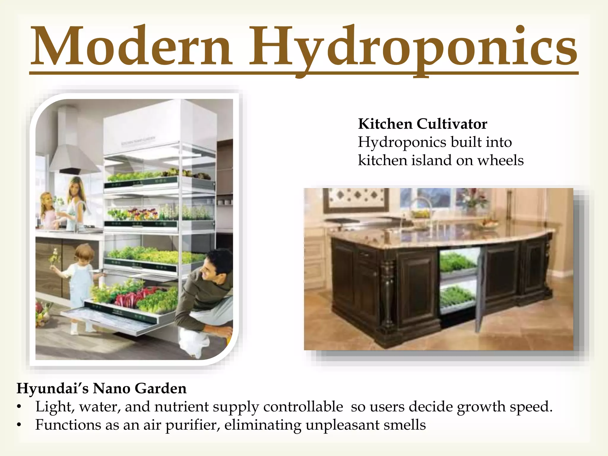 Modern Hydroponics
Hyundai’s Nano Garden
• Light, water, and nutrient supply controllable so users decide growth speed.
• Functions as an air purifier, eliminating unpleasant smells
Kitchen Cultivator
Hydroponics built into
kitchen island on wheels
 