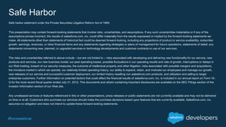 #forcewebinar
Safe Harbor
Safe harbor statement under the Private Securities Litigation Reform Act of 1995:
This presentation may contain forward-looking statements that involve risks, uncertainties, and assumptions. If any such uncertainties materialize or if any of the
assumptions proves incorrect, the results of salesforce.com, inc. could differ materially from the results expressed or implied by the forward-looking statements we
make. All statements other than statements of historical fact could be deemed forward-looking, including any projections of product or service availability, subscriber
growth, earnings, revenues, or other financial items and any statements regarding strategies or plans of management for future operations, statements of belief, any
statements concerning new, planned, or upgraded services or technology developments and customer contracts or use of our services.
The risks and uncertainties referred to above include – but are not limited to – risks associated with developing and delivering new functionality for our service, new
products and services, our new business model, our past operating losses, possible fluctuations in our operating results and rate of growth, interruptions or delays in
our Web hosting, breach of our security measures, the outcome of intellectual property and other litigation, risks associated with possible mergers and acquisitions,
the immature market in which we operate, our relatively limited operating history, our ability to expand, retain, and motivate our employees and manage our growth,
new releases of our service and successful customer deployment, our limited history reselling non-salesforce.com products, and utilization and selling to larger
enterprise customers. Further information on potential factors that could affect the financial results of salesforce.com, inc. is included in our annual report on Form 10-
Q for the most recent fiscal quarter ended July 31, 2012. This documents and others containing important disclosures are available on the SEC Filings section of the
Investor Information section of our Web site.
Any unreleased services or features referenced in this or other presentations, press releases or public statements are not currently available and may not be delivered
on time or at all. Customers who purchase our services should make the purchase decisions based upon features that are currently available. Salesforce.com, inc.
assumes no obligation and does not intend to update these forward-looking statements.
 
