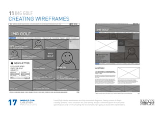 17
11
CREATING WIREFRAMES
IMGGOLF.COM
CASE STUDY
PORTFOLIO 2015
I build high fidelity wireframes and fully annotated diagrams, having a basis to begin
creating screens; I also use them for user testing and as a reference point for functional
specifications and communicating the functionality I am going to build with stakeholders.
 