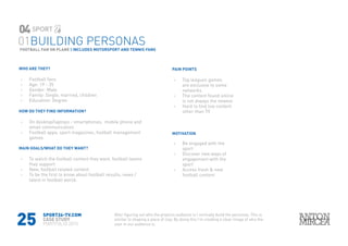 25
WHO ARE THEY?
›› Football fans
›› Age: 19 - 35
›› Gender: Male
›› Family: Single, married, children
›› Education: Degree
HOW DO THEY FIND INFORMATION?
›› On desktop/laptops - smartphones, mobile phone and
email communication
›› Football apps, sport magazines, football management
games.
MAIN GOALS/WHAT DO THEY WANT?
›› To watch the football content they want, football teams
they support
›› New, football related content
›› To be the first to know about football results, news /
latest in football world.
PAIN POINTS
›› Top leagues games
are exclusive to some
networks
›› The content found online
is not always the newest
›› Hard to find live content
other than TV
MOTIVATION
›› Be engaged with the
sport
›› Discover new ways of
engagement with the
sport
›› Access fresh & new
football content
SPORT24-TV.COM
CASE STUDY
PORTFOLIO 2015
FOOTBALL FAN ON PLANE | INCLUDES MOTORSPORT AND TENNIS FANS
01BUILDING PERSONAS
04
After figuring out who the projects audience is I normally build the personas, This is
similar to shaping a piece of clay. By doing this I’m creating a clear image of who the
user in our audience is.
 