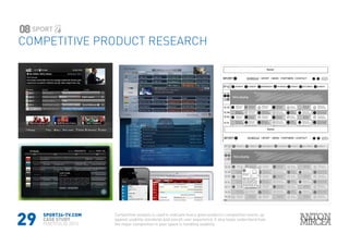 29
SPORT24-TV.COM
CASE STUDY
PORTFOLIO 2015
COMPETITIVE PRODUCT RESEARCH
08
Competitive analysis is used to evaluate how a given product’s competition stacks up
against usability standards and overall user experience, it also helps understand how
the major competition in your space is handling usability
 