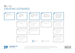 39
Football fan
opens BT football
app
Football fan clicks
on “my video”
Football fan navi-
gates through the
short game
summary.
Football fan clicks
on “My feed” tab.
Football fan types
his message in the
comment text area
and clicks send
Football fan scrolls
through the com-
ments in the
comment feed
Football fan likes
one of his friends
post regarding the
Arsenal game
Football fan filters
videos by “Featured“
filter
Football fan selects
“Arsenal vs Chelsea
amazing goal”
video
Football fan clicks
on Yes on the voting
poll
Football fan
looks for the
latest football
videos
Football fan reads the
game summary and
then votes for a foot-
ball poll
Football fan
wants to see what
his friends have
said about the event
Football fan wants
to tell his friends
that he really liked
the Arsenal goal
and the match
CREATING SCENARIOS
I use scenarios as a description of a persona using a product to achieve a goal, they
describe an instance of use, in context. Scenarios are usually narratives that tell a story
describing one or more tasks in a specific environmental situation.
TASK SUBTASK
04
BT FOOTBAL APP
CASE STUDY
PORTFOLIO 2015
 