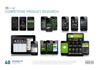 40
I conduct user experience competitive analysis to assess the strengths and weaknesses
of the product. Effective product design involves an understanding of context, including
the services or features, techniques and standards of others in the market space
COMPETITIVE PRODUCT RESEARCH
BT FOOTBAL APP
CASE STUDY
PORTFOLIO 2015
05
 