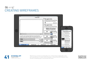 41
CREATING WIREFRAMES
Wireframing is all about corralling ideas into a cohesive flow of pages with a clear,
well-executed focus it creates clarity of purpose, a streamlined set of features, and a
focused, compelling way to communicate with users.
06
BT FOOTBAL APP
CASE STUDY
PORTFOLIO 2015
 