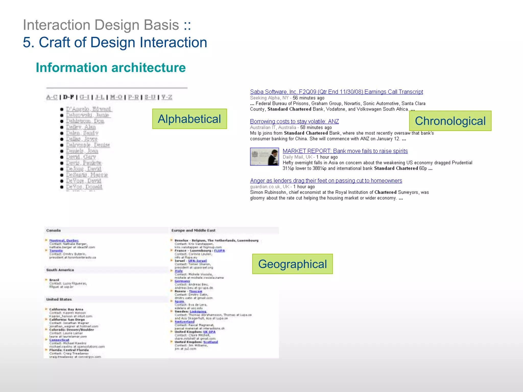 Interaction Design Basis ::
5. Craft of Design Interaction
Information architecture
Alphabetical Chronological
Geographical
 