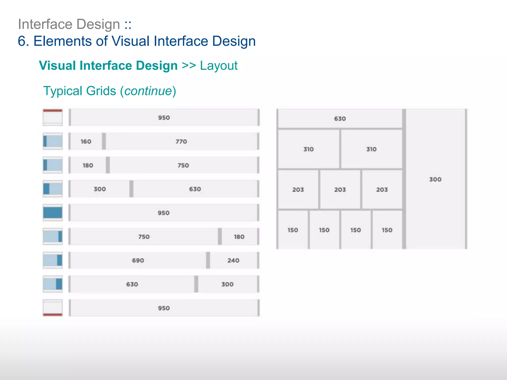 Interface Design ::
6. Elements of Visual Interface Design
Visual Interface Design >> Layout
Typical Grids (continue)
 
