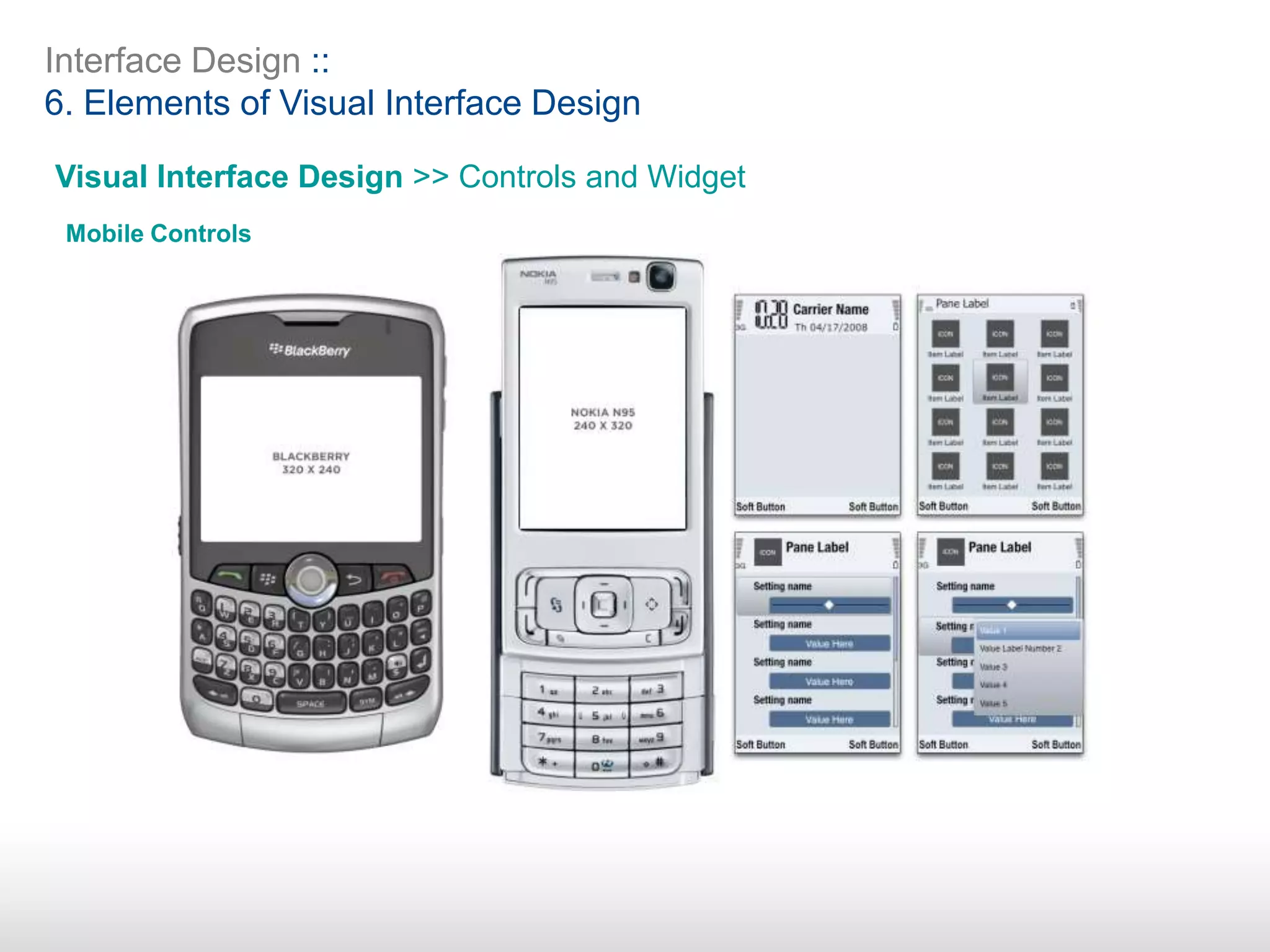Interface Design ::
6. Elements of Visual Interface Design
Visual Interface Design >> Controls and Widget
Mobile Controls
 