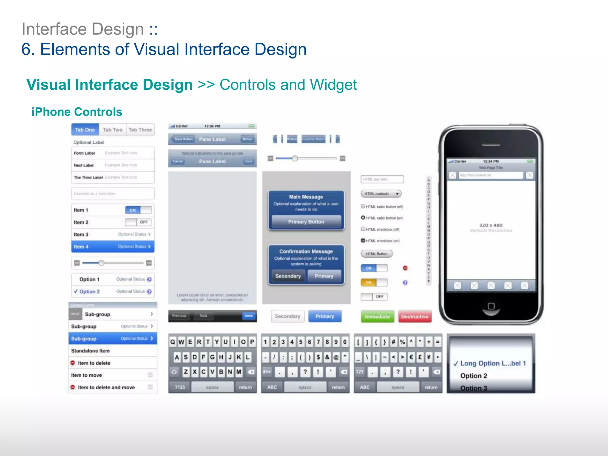 Interface Design ::
6. Elements of Visual Interface Design
Visual Interface Design >> Controls and Widget
iPhone Controls
 