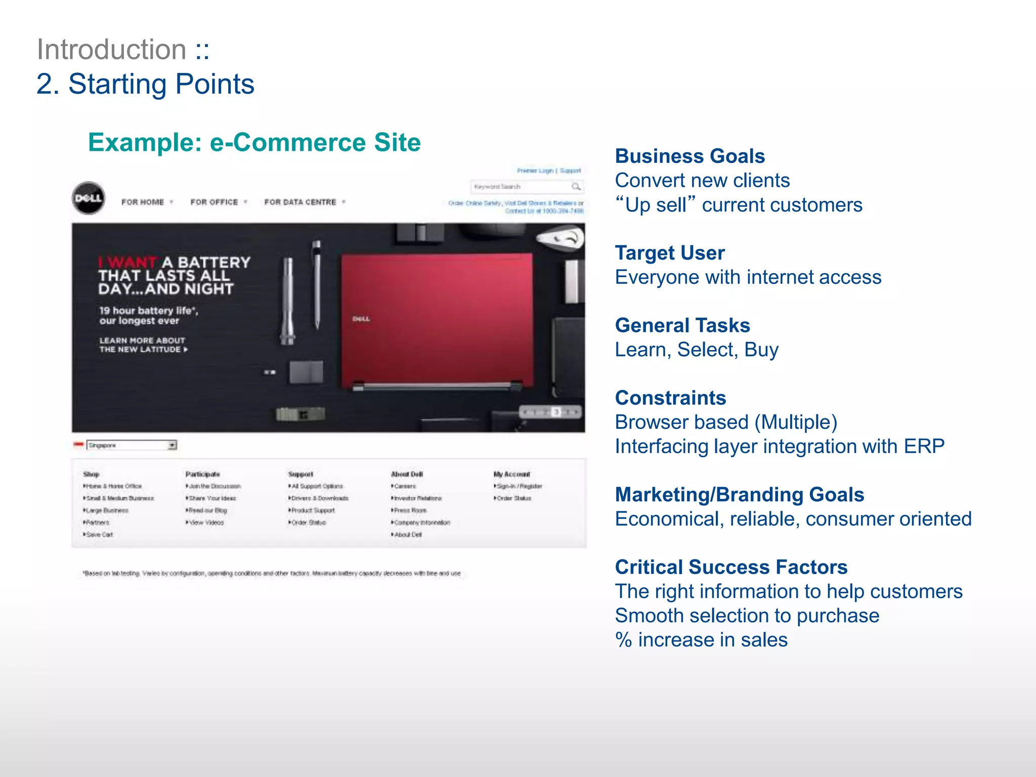 Introduction ::
2. Starting Points
Example: e-Commerce Site Business Goals
Convert new clients
“Up sell” current customers
Target User
Everyone with internet access
General Tasks
Learn, Select, Buy
Constraints
Browser based (Multiple)
Interfacing layer integration with ERP
Marketing/Branding Goals
Economical, reliable, consumer oriented
Critical Success Factors
The right information to help customers
Smooth selection to purchase
% increase in sales
 