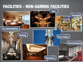 FACILITIES - NON-GAMING FACILITIES
                              Spa
                                                 Shopping




Accommodation

                Dining
                                    Recreation

                                             Entertainment




                         Business
 