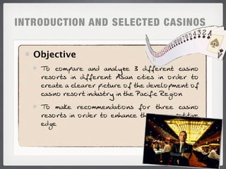 INTRODUCTION AND SELECTED CASINOS


   Objective
    4I =IGJ;L? ;H> ;H;FST? W >C@@?L?HN =;MCHI
    L?MILNM CH >C@@?L?HN !MC;H =CNC?M CH IL>?L NI
    =L?;N? ; =F?;L?L JC=NOL? I@ NB? >?P?FIJG?HN I@
    =;MCHI L?MILN CH>OMNLS CH NB? 0;=C@C= 2?ACIH
    4I G;E? L?=IGG?H>;NCIHM @IL NBL?? =;MCHI
    L?MILNM CH IL>?L NI ?HB;H=? NB?L? =IGJ?NCNCP?
    ?>A?
 