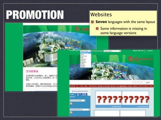 PROMOTION   Websites
             Seven languages with the same layout
               Some information is missing in
               some language versions




              ??????????
 
