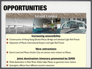OPPORTUNITIES
                              Grand Lisboa




                          Increasing accessibility
 Construction of Hong Kong-Zhuhai-Macau Bridge and elevated Light Rail Transit
 Expansion of Macau International Airport and Light Rail Transit

                               New attractions
 Sanrio Land and Macau Studio City can attract more visitors to Macau

         Joint destination itinerary promoted by DMO
 Multi-destination in Pearl River Delta helps Macau to generate more visitors
 Synergistic effects from different tourism resources
 