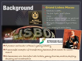 Background                                   Grand Lisboa Macau
                                              %MN;<FCMB?> CH V^^
                                              4B? @CLMN “[rMN;L” BIN?F CH -;=;O
                                              6CMCIHn
                                              NI >?FCP?L OFNCG;N? FOROLS NI IOL AO?MNM ;H>
                                              NI <? IH? I@ !MC;'M @CH?MN =;MCHI BIN?FM
                                              "?FIHAM NI 3I=C?>;>? >? *IAIM >? -;=;O
                                              (3*-)
                                              /QH?Ln 3N;HF?S (I ;H> BCM @;GCFS




! JCIH??L ;H> F?;>?L CH -;=;O’M A;GCHA CH>OMNLS
! MO==?MM@OF ?R;GJF? I@ NL;HM@ILGCHA <OMCH?MM @LIG =;MCHI NI =;MCHIr
L?MILN
)NM <OMCH?MM?M ;L? >CP?LMC@C?> CHNI BIN?FMm A;GCHAm NIOLCMGm ;PC;NCIHm MBCJJCHAm
MBIJJCHA ;H> =IHMNLO=NCIH
 