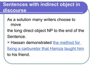 Sentences with indirect object in
discourse
 As a solution many writers choose to
    move
 the long direct object NP to t...