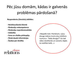 Pēc jūsu domām, kādas ir galvenās
problēmas pārdošanā?
Respondentu (Sieviešu) atbildes:
- Neieklausīšanās klientā
- Pārdevēju nekompetence
- Pārdevēju neprofesionalitāte
- Uzbāzība
- Cena un cilvēku pirktspēja.
- Pārak daudz informācijas
- Šaubas par drošību

«Nepatīk meli. Piemēram, «jūsu
draugs iedeva mums jūsu telefona
numuru». *kāds draugs?* Un tad
sākas stostīšanās un varianti, kāpēc
to nedrīkst teikt...»

 
