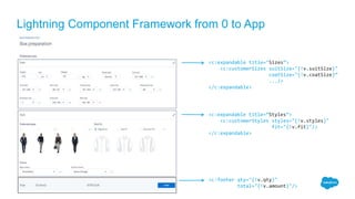 Lightning Component Framework from 0 to App
<c:expandable title="Sizes”>
<c:customerSizes suitSize="{!v.suitSize}"
coatSize="{!v.coatSize}”
.../>
</c:expandable>
<c:footer qty="{!v.qty}"
total="{!v.amount}"/>
<c:expandable title=”Styles”>
<c:customerStyles styles="{!v.styles}"
fit="{!v.fit}"/>
</c:expandable>
 
