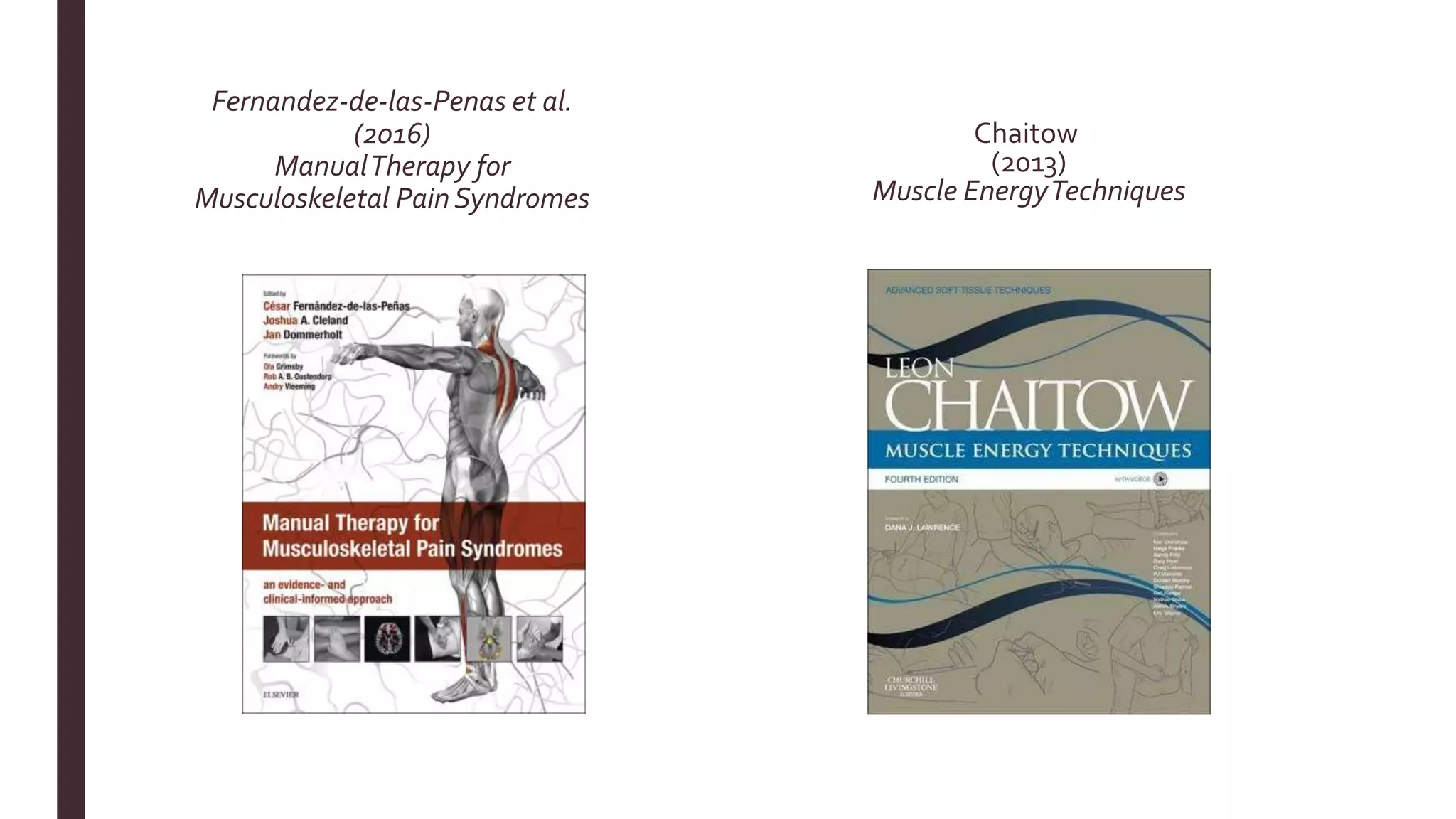 Fernandez-de-las-Penas et al.
(2016)
ManualTherapy for
Musculoskeletal PainSyndromes
Chaitow
(2013)
Muscle EnergyTechniques
 