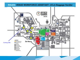 HONORED
GUESTS
ROLES: VENUE WORKFORCE ASSISTANT- UCLA Baggage Handler
5 dining halls
Hedrick Covel
De Nieve
SproulRieber
 