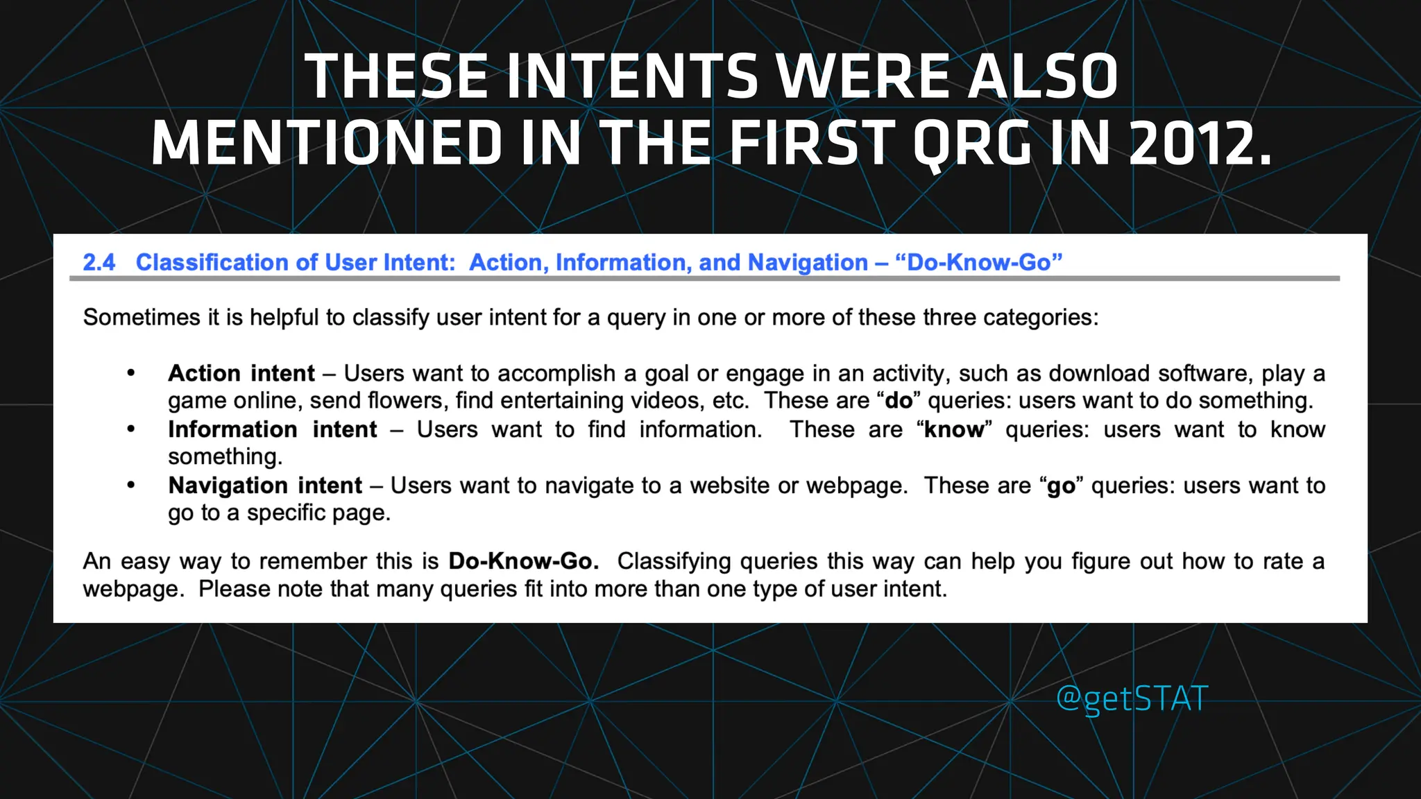 THESE INTENTS WERE ALSO
MENTIONED IN THE FIRST QRG IN 2012.
@getSTAT
 
