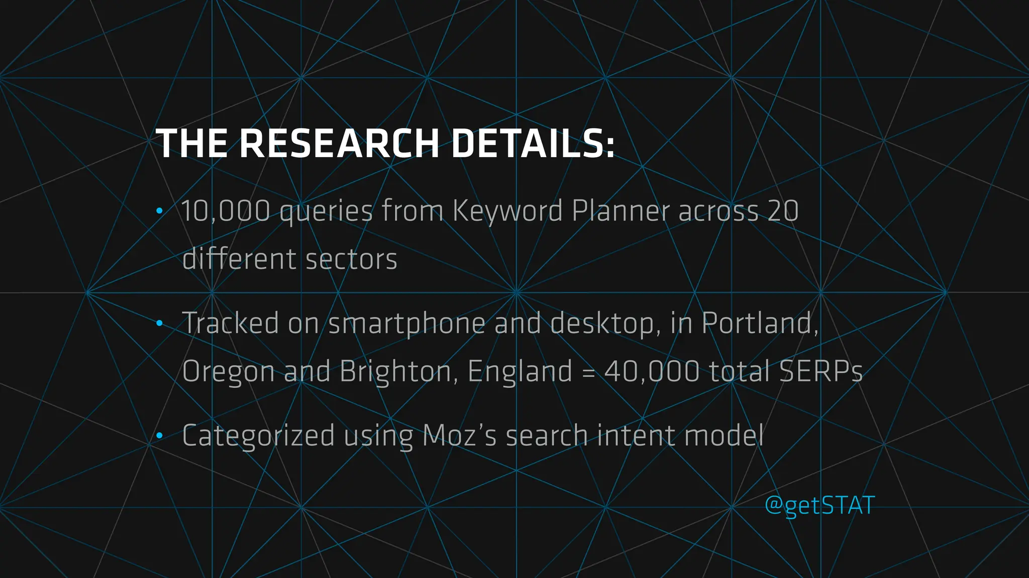 • 10,000 queries from Keyword Planner across 20
di
ff
erent sectors
• Tracked on smartphone and desktop, in Portland,
Oregon and Brighton, England = 40,000 total SERPs
• Categorized using Moz’s search intent model
THE RESEARCH DETAILS:
@getSTAT
 