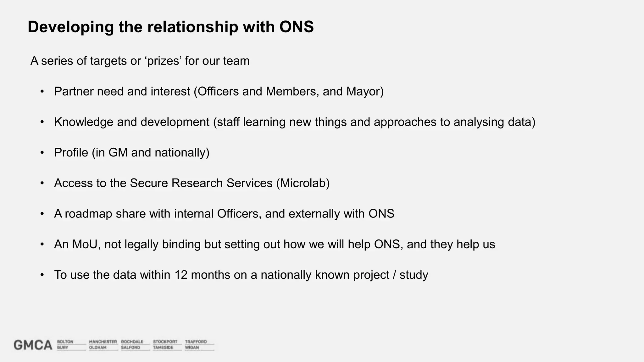 Developing the relationship with ONS
A series of targets or ‘prizes’ for our team
• Partner need and interest (Officers and Members, and Mayor)
• Knowledge and development (staff learning new things and approaches to analysing data)
• Profile (in GM and nationally)
• Access to the Secure Research Services (Microlab)
• A roadmap share with internal Officers, and externally with ONS
• An MoU, not legally binding but setting out how we will help ONS, and they help us
• To use the data within 12 months on a nationally known project / study
 