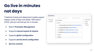 Go live in minutes
not days
Traditional hosting and deployment models support
release cycles of days and weeks. With built-in
CI/CD, see your services go live in minutes.
● Built-in Promotion Management
● Supports manual exports & imports
● Supports global configuration
● Supports service-level configuration
● Service controls
10
 