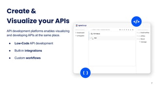 Create &
Visualize your APIs
API development platforms enables visualizing
and developing APIs at the same place.
● Low-Code API development
● Built-in integrations
● Custom workflows
7
 