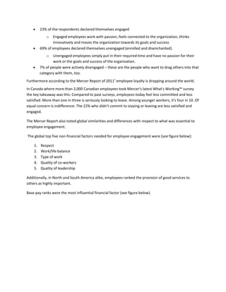     23% of the respondents declared themselves engaged
            o   Engaged employees work with passion, feels connected to the organization, thinks
                innovatively and moves the organization towards its goals and success
        69% of employees declared themselves unengaged (enrolled and disenchanted).
            o   Unengaged employees simply put in their required time and have no passion for their
                work or the goals and success of the organization.
        7% of people were actively disengaged – these are the people who want to drag others into that
         category with them, too.
Furthermore according to the Mercer Report of 2011v employee loyalty is dropping around the world.
In Canada where more than 2,000 Canadian employees took Mercer's latest What's Working™ survey
the key takeaway was this: Compared to past surveys, employees today feel less committed and less
satisfied. More than one in three is seriously looking to leave. Among younger workers, it's four in 10. Of
equal concern is indifference: The 22% who didn't commit to staying or leaving are less satisfied and
engaged.

The Mercer Report also noted global similarities and differences with respect to what was essential to
employee engagement.

The global top five non-financial factors needed for employee engagement were (see figure below):

    1.   Respect
    2.   Work/life balance
    3.   Type of work
    4.   Quality of co-workers
    5.   Quality of leadership

Additionally, in North and South America alike, employees ranked the provision of good services to
others as highly important.

Base pay ranks were the most influential financial factor (see figure below).
 