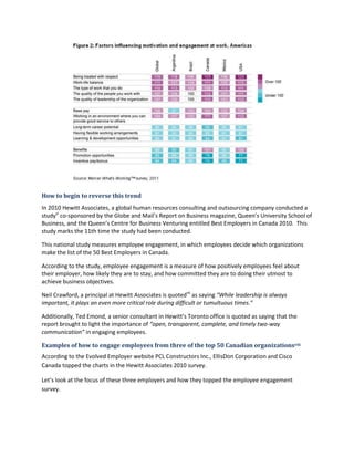 How to begin to reverse this trend
In 2010 Hewitt Associates, a global human resources consulting and outsourcing company conducted a
studyvi co-sponsored by the Globe and Mail’s Report on Business magazine, Queen’s University School of
Business, and the Queen’s Centre for Business Venturing entitled Best Employers in Canada 2010. This
study marks the 11th time the study had been conducted.

This national study measures employee engagement, in which employees decide which organizations
make the list of the 50 Best Employers in Canada.

According to the study, employee engagement is a measure of how positively employees feel about
their employer, how likely they are to stay, and how committed they are to doing their utmost to
achieve business objectives.

Neil Crawford, a principal at Hewitt Associates is quotedvii as saying “While leadership is always
important, it plays an even more critical role during difficult or tumultuous times.”

Additionally, Ted Emond, a senior consultant in Hewitt’s Toronto office is quoted as saying that the
report brought to light the importance of “open, transparent, complete, and timely two-way
communication” in engaging employees.

Examples of how to engage employees from three of the top 50 Canadian organizationsviii
According to the Evolved Employer website PCL Constructors Inc., EllisDon Corporation and Cisco
Canada topped the charts in the Hewitt Associates 2010 survey.

Let’s look at the focus of these three employers and how they topped the employee engagement
survey.
 