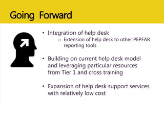 Going Forward
• Integration of help desk
o Extension of help desk to other PEPFAR
reporting tools
• Building on current help desk model
and leveraging particular resources
from Tier 1 and cross training
• Expansion of help desk support services
with relatively low cost
 