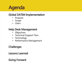 Agenda
Global DATIM Implementation
• Purpose
• Scope
• Users
Help Desk Management
• Objectives
• Technical Support Tiers
• Technology
• Performance Management
Challenges
Lessons Learned
Going Forward
 