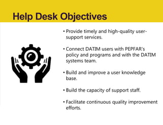 Help Desk Objectives
• Provide timely and high-quality user-
support services.
• Connect DATIM users with PEPFAR’s
policy and programs and with the DATIM
systems team.
• Build and improve a user knowledge
base.
• Build the capacity of support staff.
• Facilitate continuous quality improvement
efforts.
 
