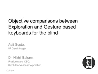 Objective comparisons between
Exploration and Gesture based
keyboards for the blind
Adit Gupta,
IIT Gandhinagar

Dr. Nikhil Balram,
President and CEO,
Ricoh Innovations Corporation
11/26/2013

 