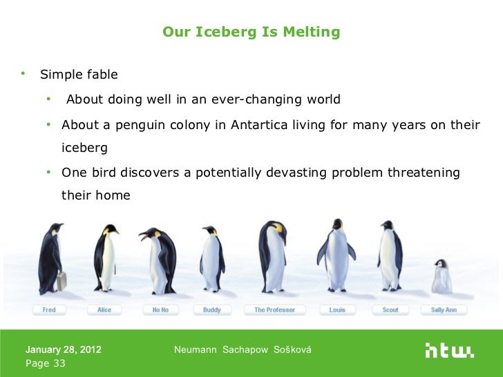 our iceberg is melting by john I have read this book our iceberg is melting which is about changing and succeeding under any conditions it is a great story about a colony of penguins that are facing a big dilemma. our iceberg is melting by john I have read this book our iceberg is melting which is about changing and succeeding under any conditions it is a great story about a colony of penguins that are facing a big dilemma.