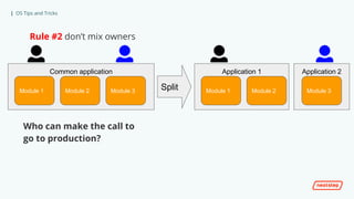 | OS Tips and Tricks
Rule #2 don’t mix owners
Common application
Module 1 Module 3Module 2
Application 1
Module 1 Module 2
Application 2
Module 3Split
Who can make the call to
go to production?
 