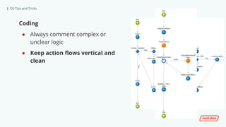 | OS Tips and Tricks
Coding
● Always comment complex or
unclear logic
● Keep action flows vertical and
clean
 