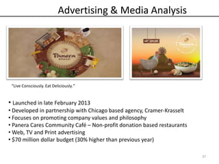 “Live Consciously. Eat Deliciously.”
37
• Launched in late February 2013
• Developed in partnership with Chicago based agency, Cramer-Krasselt
• Focuses on promoting company values and philosophy
• Panera Cares Community Café – Non-profit donation based restaurants
• Web, TV and Print advertising
• $70 million dollar budget (30% higher than previous year)
Advertising & Media Analysis
 