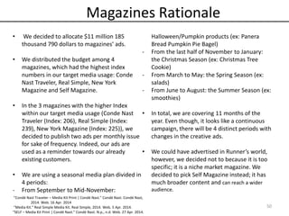 50
Magazines Rationale
• We decided to allocate $11 million 185
thousand 790 dollars to magazines’ ads.
• We distributed the budget among 4
magazines, which had the highest index
numbers in our target media usage: Conde
Nast Traveler, Real Simple, New York
Magazine and Self Magazine.
• In the 3 magazines with the higher Index
within our target media usage (Conde Nast
Traveler (Index: 206), Real Simple (Index:
239), New York Magazine (Index: 225)), we
decided to publish two ads per monthly issue
for sake of frequency. Indeed, our ads are
used as a reminder towards our already
existing customers.
• We are using a seasonal media plan divided in
4 periods:
- From September to Mid-November:
Halloween/Pumpkin products (ex: Panera
Bread Pumpkin Pie Bagel)
- From the last half of November to January:
the Christmas Season (ex: Christmas Tree
Cookie)
- From March to May: the Spring Season (ex:
salads)
- From June to August: the Summer Season (ex:
smoothies)
• In total, we are covering 11 months of the
year. Even though, it looks like a continuous
campaign, there will be 4 distinct periods with
changes in the creative ads.
• We could have advertised in Runner’s world,
however, we decided not to because it is too
specific; it is a niche market magazine. We
decided to pick Self Magazine instead; it has
much broader content and can reach a wider
audience.
”Condé Nast Traveler – Media Kit Print | Condé Nast." Condé Nast. Condé Nast,
2014. Web. 16 Apr. 2014
“Media Kit." Real Simple Media Kit. Real Simple, 2014. Web. 5 Apr. 2014.
“SELF – Media Kit Print | Condé Nast." Condé Nast. N.p., n.d. Web. 27 Apr. 2014.
 