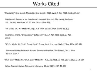 Works Cited
“Media Kit." Real Simple Media Kit. Real Simple, 2014. Web. 5 Apr. 2014. (slides 49, 62)
Mediamark Research, Inc. Mediamark Internet Reporter. The Henry Birnbaum
Lib., Pace U, New York, NY. 17 Mar. 2014. (Slide 43)
“NY Media Kit." NY Media Kit. N.p., n.d. Web. 15 Feb. 2014. (slides 49, 62)
Rajarama, Anand. "Datawocky." 'Datawocky' N.p., 4 Apr. 2008. Web. 27 Apr.
2014.
“SELF – Media Kit Print | Condé Nast." Condé Nast. N.p., n.d. Web. 27 Apr. 2014. (49,62)
Simmons Market Research Bureau. Simmons OneView. The Bureau, 2011. Web.
22 Mar. 2014.*
“USA Today Media Kit." USA Today Media Kit . N.p., n.d. Web. 15 Feb. 2014. (50, 51, 52, 63)
Yahoo Representative. Telephone Interview. 18 April 2014 (47, 48, 61)
74
 