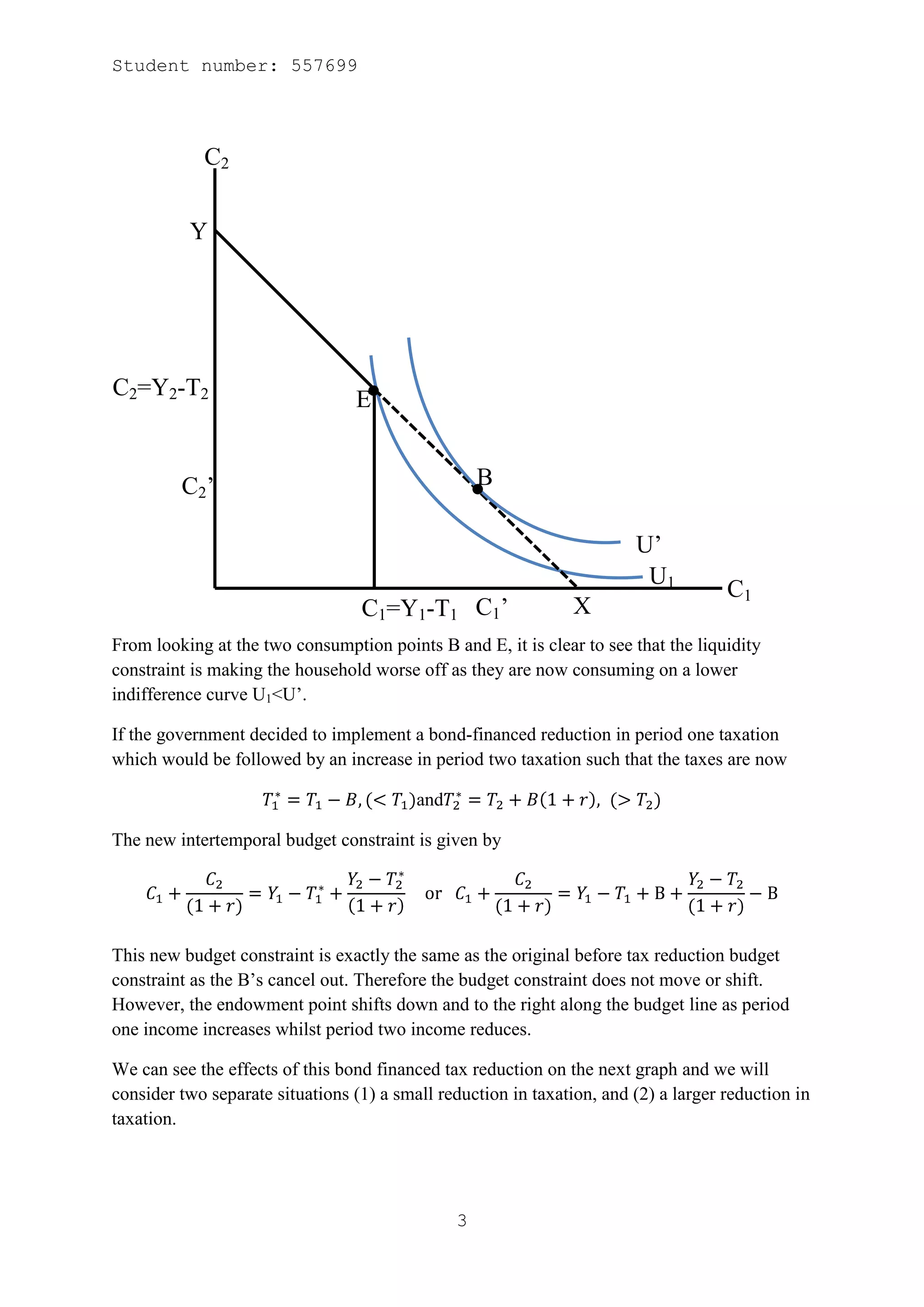 Student number: 557699




            C2


          Y




C2=Y2-T2                         E


         C 2’                                       B

                                                                        U’
                                                                         U1
                                                                                     C1
                                  C1=Y1-T1 C1’                  X
From looking at the two consumption points B and E, it is clear to see that the liquidity
constraint is making the household worse off as they are now consuming on a lower
indifference curve U1<U’.

If the government decided to implement a bond-financed reduction in period one taxation
which would be followed by an increase in period two taxation such that the taxes are now

                                          and

The new intertemporal budget constraint is given by




This new budget constraint is exactly the same as the original before tax reduction budget
constraint as the B’s cancel out. Therefore the budget constraint does not move or shift.
However, the endowment point shifts down and to the right along the budget line as period
one income increases whilst period two income reduces.

We can see the effects of this bond financed tax reduction on the next graph and we will
consider two separate situations (1) a small reduction in taxation, and (2) a larger reduction in
taxation.




                                                3
 