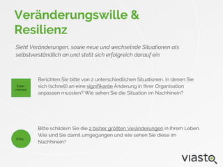 Veränderungswille &
Resilienz
Sieht Veränderungen, sowie neue und wechselnde Situationen als
selbstverständlich an und stellt sich erfolgreich darauf ein
Berichten Sie bitte von 2 unterschiedlichen Situationen, in denen Sie
sich (schnell) an eine signifikante Änderung in Ihrer Organisation
anpassen mussten? Wie sehen Sie die Situation im Nachhinein?
Bitte schildern Sie die 2 bisher größten Veränderungen in Ihrem Leben.
Wie sind Sie damit umgegangen und wie sehen Sie diese im
Nachhinein?
Entry
Expe-
rienced
 