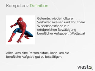 Kompetenz Definition
Alles, was eine Person aktuell kann, um die
berufliche Aufgabe gut zu bewältigen.
Gelernte, wiederholbare
Verhaltensweisen und abrufbare
Wissensbestände zur
erfolgreichen Bewältigung
beruflicher Aufgaben. (Wottawa)
 